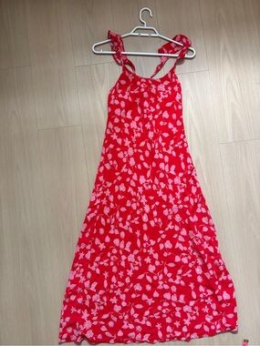 Mango Red Floral midi Dress with Pink Leaf Print